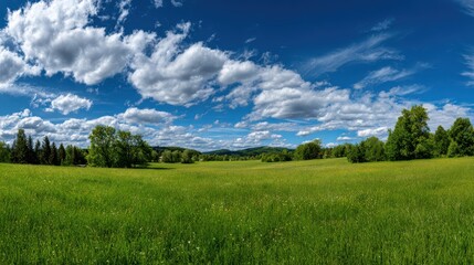 Obraz premium A green field under a blue sky with white clouds