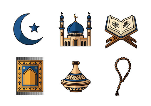 Islamic Icon Set with Mosque, Holy Quran, Crescent Moon, Prayer Rug, and Tasbih for Ramadan Kareem and Eid Mubarak Design