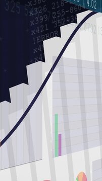 Vertical video: Camera panning revealing 3D market data purple line arcing green peak showing risk