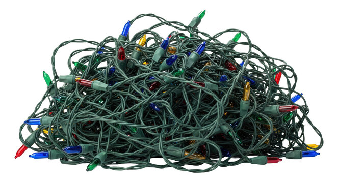 highly detailed macro photo of a hopelessly tangled knot of classic christmas fairy lights (red, green, blue) on a white studio background. concept of festive holiday stress and preparation