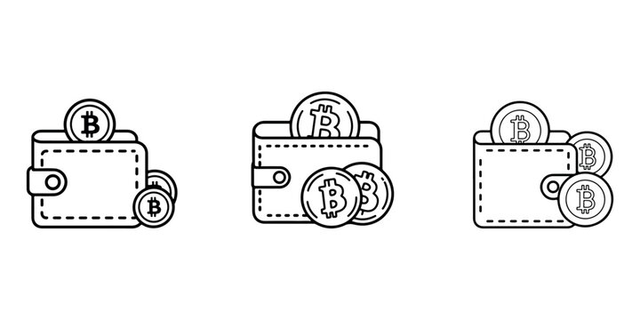 Set of bitcoin wallet outline icons with coins inside and outside different perspectives crypto finance digital currency concept vector