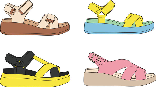 Set of trendy summer sandals in different styles and colors isolated on white background fashion footwear vector illustration collection