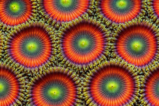 Zoanthids Coral Texture Seamless Pattern. Close-up zoa polyp surface detail. Marine coral colony design. Realistic zoanthid texture background. Detailed underwater macro close-up. Vibrant reef pattern