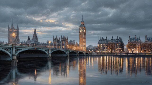 A large body of water with a bridge and a clock tower