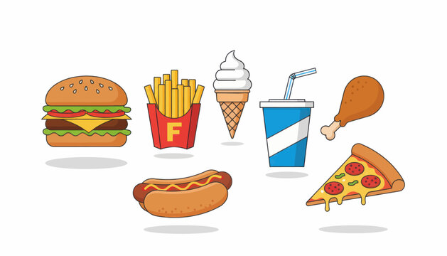 Flat vector fast food icon set with burger pizza fries chicken soda and hot dog