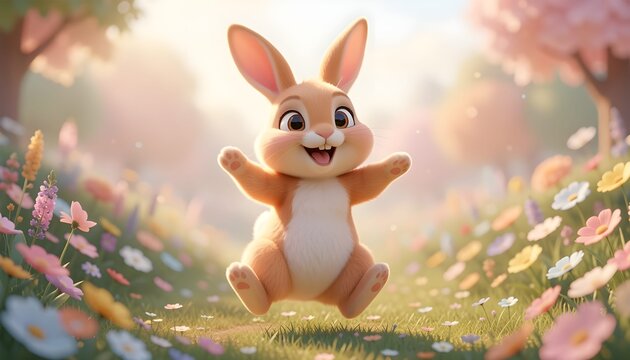 Cute bunny jumping in a spring flower meadow