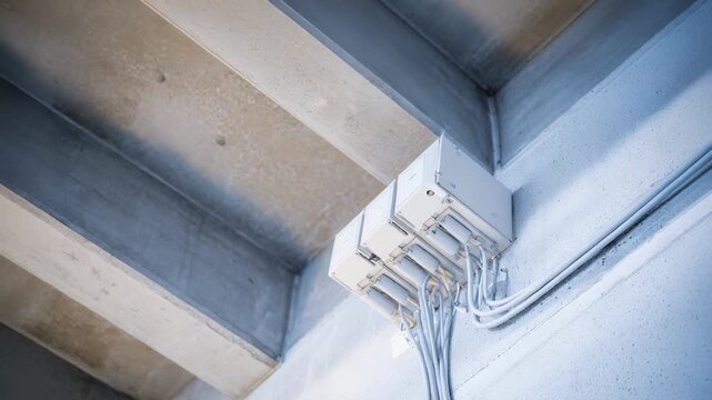 Electrical junction boxes installed on a rough concrete ceiling, managing and distributing numerous white cables for power and data, representing modern infrastructure and technology