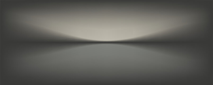 Grey studio room background. Abstract gray limbo backdrop. Empty dark gradient scene for product presentation. Black showroom bg. Vector illustration