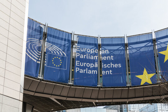 20 March 2026, Brussels, Belgium. European Parliament signage and entrance at Altiero Spinelli building
