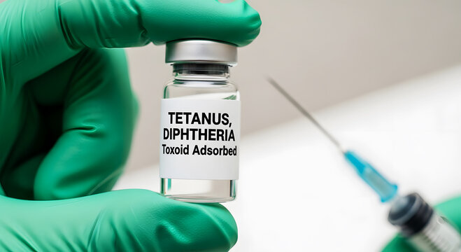 Hand in green glove holding tetanus diphtheria toxoid vial next to syringe medical