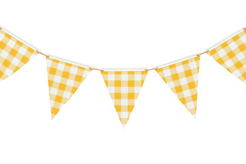Obraz premium Yellow gingham party flags pennant garland hanging for celebration decoration on transparent background