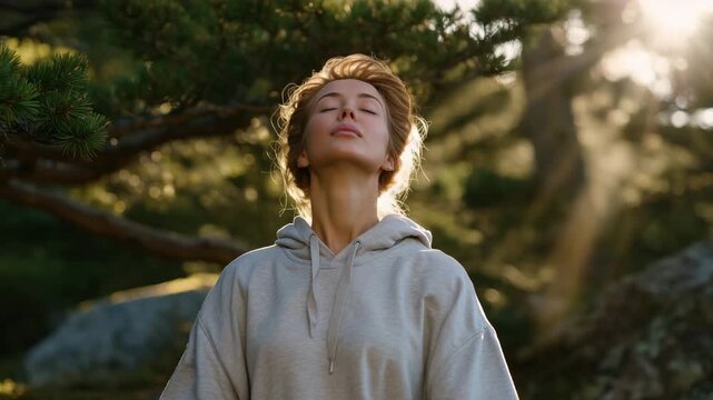Cinematic forest scene featuring a smiling woman practicing pranayama breathing, sunlight streaming through branches behind her creating a subtle halo effect, fresh morning mist ho