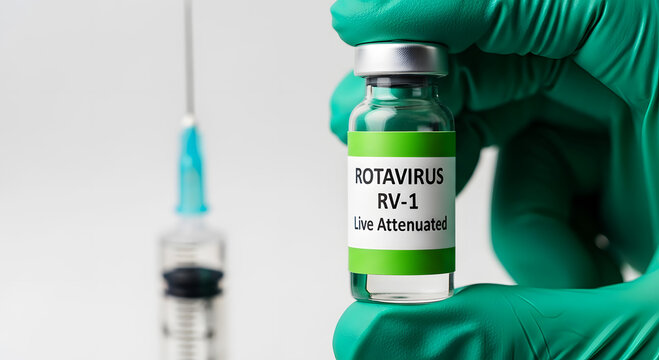 Hand in green glove holds rotavirus vaccine vial next to syringe medical healthcare