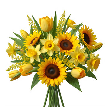 Beautiful bouquet of sunflowers and daisies isolated on transparent background
