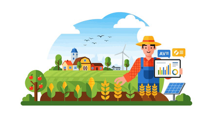 Naklejka premium Smart Farming and Precision Agriculture: Farmer Analyzing Crop Data on Tablet in a Sustainable Rural Landscape with Renewable Energy