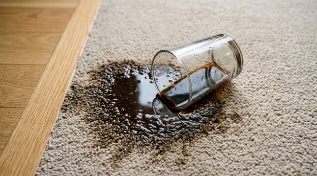A glass of dark liquid, likely coffee or tea, has spilled onto a beige carpet, creating a dark stain.