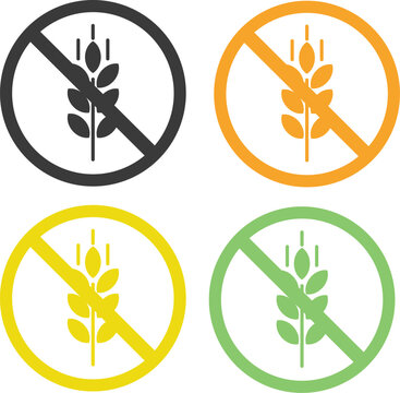 Collection of gluten free icons featuring no wheat symbols in black, orange, yellow, and green on white background