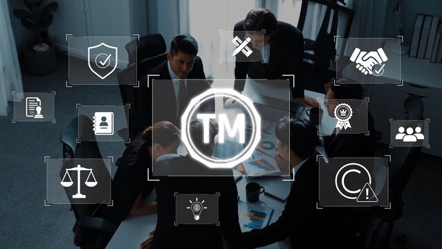 A dynamic business team collaborates in a modern office setting, surrounded by trademark icons and legal symbols, emphasizing teamwork and professional discussions. Raster