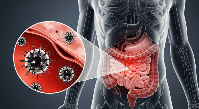 Human digestive system with magnified view of viruses in bloodstream body anatomy