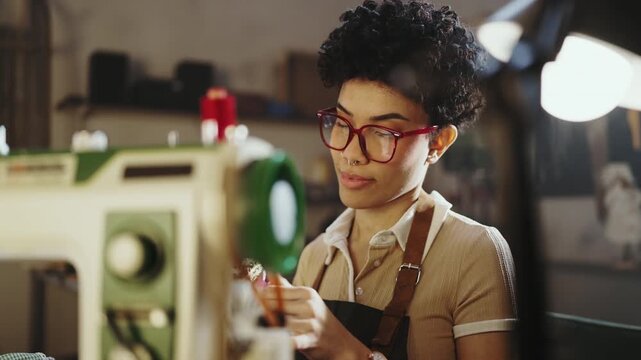 A woman works at a sewing machine in a workshop. She focuses on her task while a lamp provides light. Tools and materials are organized around her workspace.