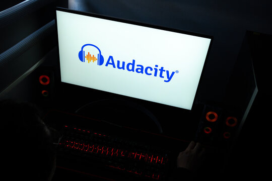 Punta Arenas, Chile &ndash; March 29, 2026: A desktop computer monitor in a dark room displaying the Audacity audio editing software logo