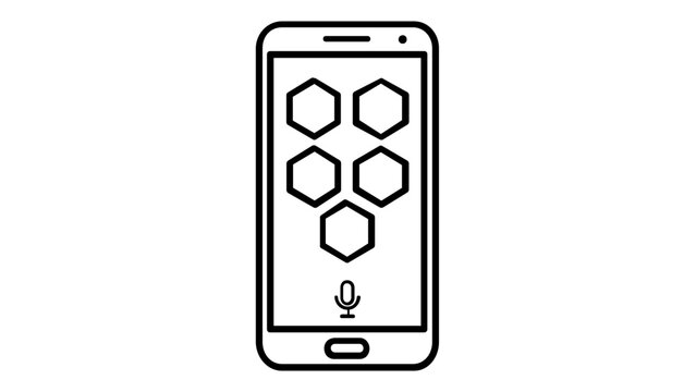 Minimalist vector illustration of a smartphone featuring a voice assistant interface with a microphone icon and hexagonal app tiles, ideal for technology, AI, and digital communication concepts.