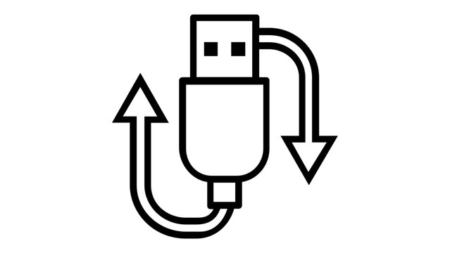 Minimalist vector icon illustration of a USB plug with data transfer arrows representing digital connection, storage, and information exchange. Scalable flat design for technology and hardware.