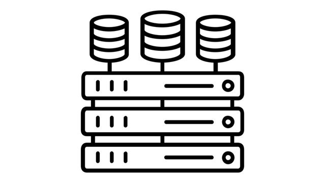 Scalable vector icon illustration of a server rack with database storage units, representing data center infrastructure, cloud hosting, and digital network connectivity in a clean minimalist style.
