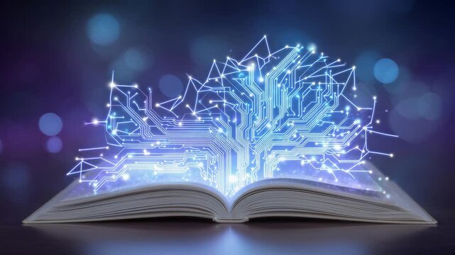 Open book with circuits glowing in a gradient of blue and purple, floating holographic data points forming interconnected nodes above the pages, soft ambient lighting, futuristic a