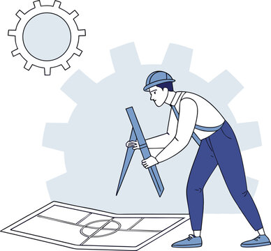 Engineer working on a blueprint with a large compass