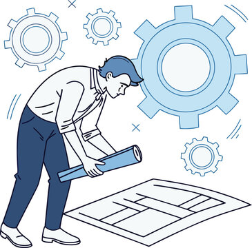 Engineer Planning Project with Blueprints and Gears