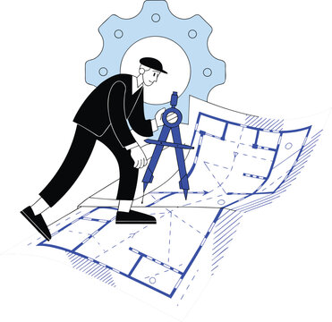 Engineer working on architectural blueprints with a compass