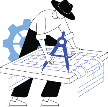Architect Drawing Blueprints with Compass Tool