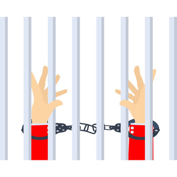 Hands holding prison bars. Human in jail. Arms of male prisoner holding jail bars. Hands of criminal person serve sentence in prison. Arrested guilty man
