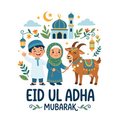 Naklejka premium Children with goat and islamic symbols eid ul adha mubarak muslim holiday