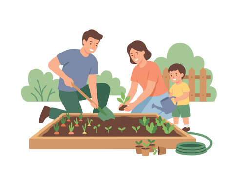 Family planting vegetables in a garden.