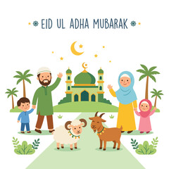 Naklejka premium Muslim family and animals celebrate eid ul adha with mosque and palm trees