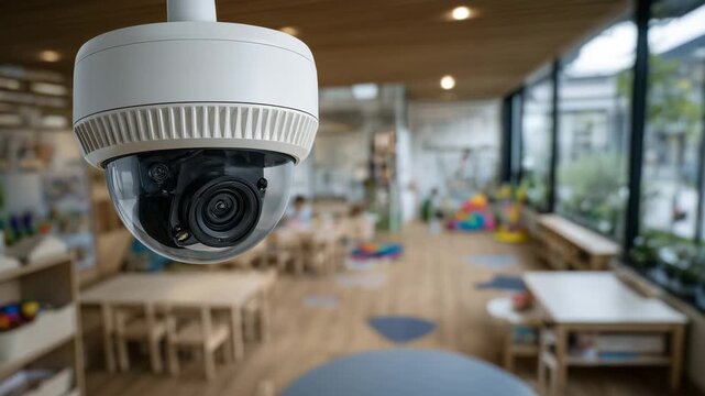 Professional security camera positioned in the corner of a preschool classroom, bright primary colors, learning materials and shelves beneath, shallow depth of field highlighting t