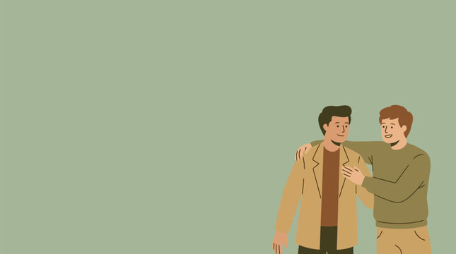 Two male buddies, arm around shoulder, smiling, expressing strong friendship, camaraderie, flat design, muted earth tones, green backdrop, vector illustration, ample copy space.