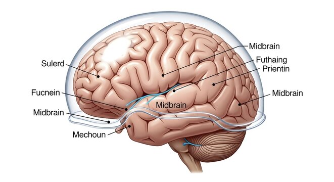 Lateral illustration of the human brain under a transparent dome with multiple labels marking the midbrain along the upper brainstem, emphasizing this compact region that integrates visual, auditory a