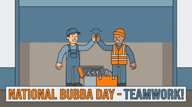 Happy male technicians high-fiving over a toolbox, demonstrating collaboration and symbolizing strong teamwork, vibrant flat outline cartoon graphic, full-body character illustration.