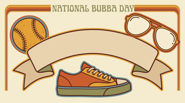 Baseball, sneaker, sunglasses icons around blank banner, embodying friendship, fun with retro 70s flat illustration, warm colors, text space graphic.