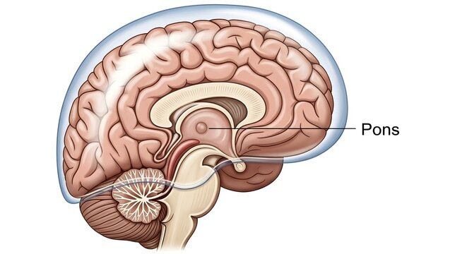 Sagittal medical illustration of the human brain highlighting the pons in the brainstem beneath the cerebrum, showing its bridge‑like position between midbrain and medulla where it relays signals for 