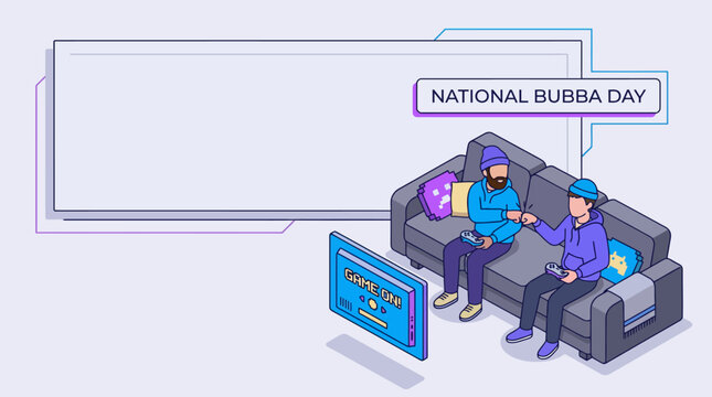 Two men playing video games, fist-bumping on sofa, embodying brotherhood and casual leisure. Isometric flat design with vibrant outline art and ample copy space.