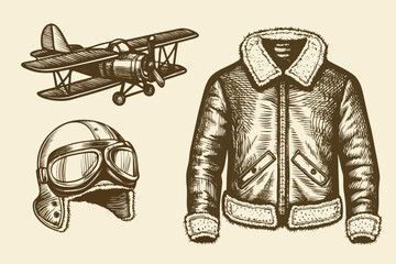 Vintage aviation equipment biplane flight jacket and pilot s helmet © KumariKamona