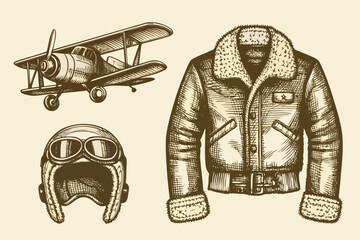 Vintage aviation illustration featuring a biplane helmet and pilot s jacket © KumariKamona