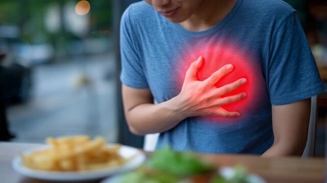 Side-view of a person pressing hand to chest, grimacing in discomfort, warm red overlay near the upper abdomen symbolizing burning sensation, blurred plate of greasy food in backgr