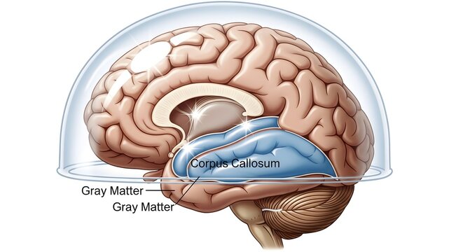 Sagittal illustration of the human brain inside a transparent skull dome highlighting the blue‑shaded corpus callosum arching between hemispheres, along with labeled gray matter regions that surround 