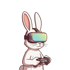 A cute cartoon white rabbit wearing a virtual reality headset and holding a video game controller, enjoying immersive digital entertainment. © M4rt