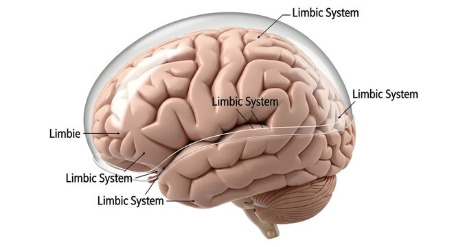 Lateral illustration of the human brain under a translucent dome with the underlying limbic system labeled at multiple locations, helping visualize where emotional and memory circuits lie relative to 